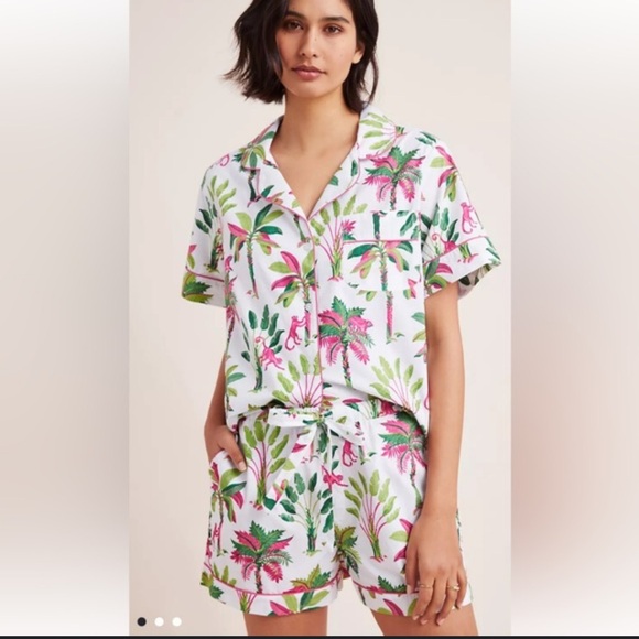 Printfresh Anthropologie Pajama Set‎ Tropical Monkey Palm Tree White Pink XS